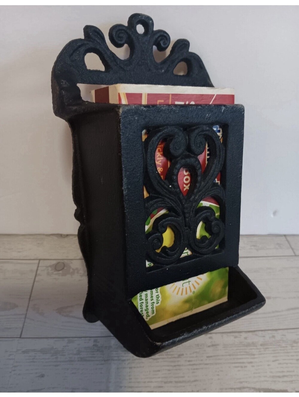 VTG Ornate Black Cast Iron Matchbox Matches Box Holder Wall Mount Primitive Farm